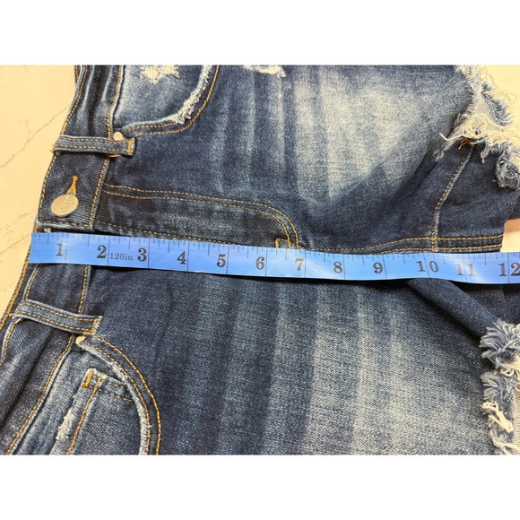Risen Jeans Womens High Rise Distressed Raw Hem Denim Shorts Dark Wash S - Picture 9 of 10